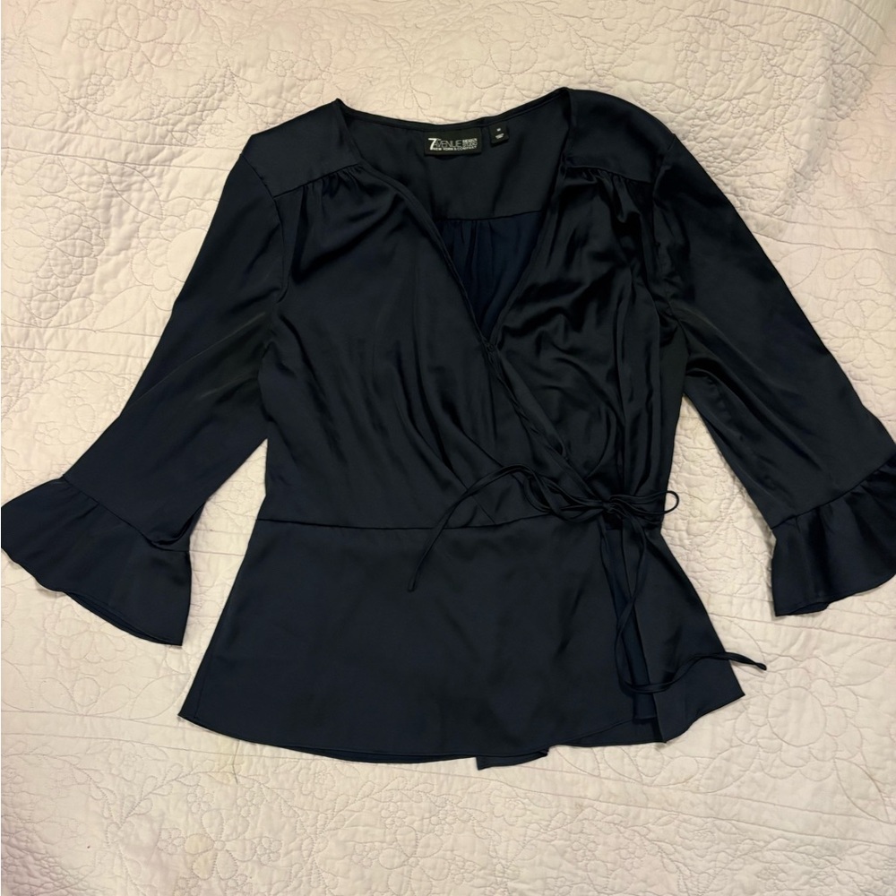 Elegant Navy Satin Wrap Blouse